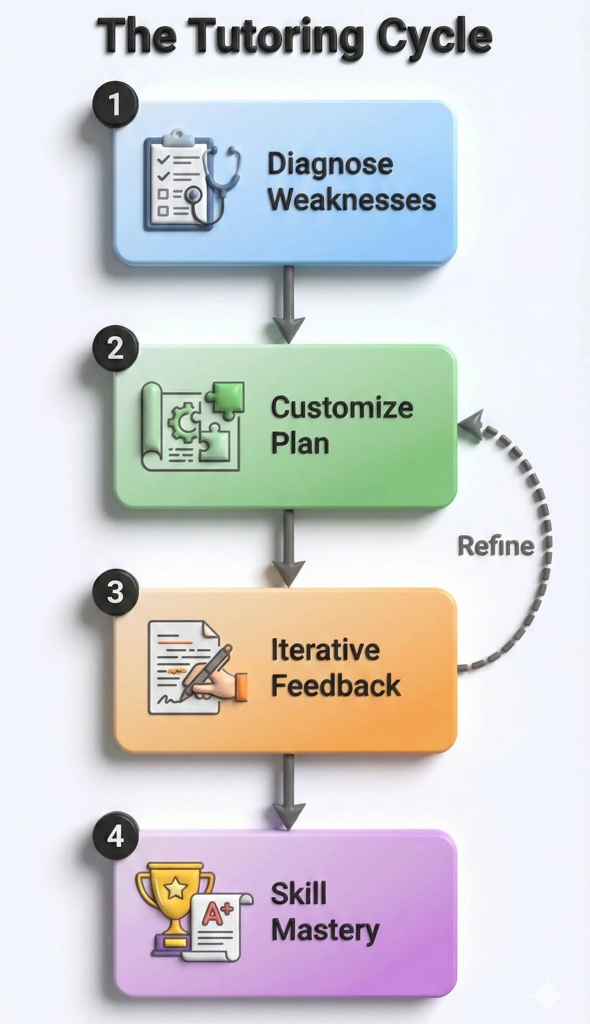 Flowchart of the essay tutoring process: Diagnose Weaknesses, Customize Plan, Iterative Feedback, leading to Skill Mastery.