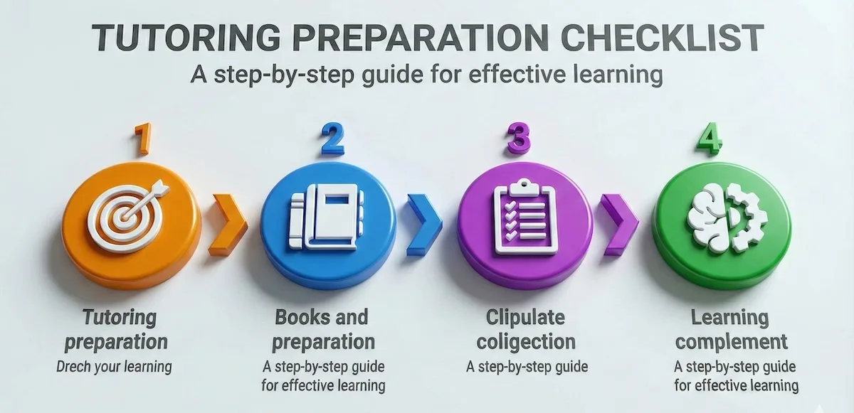 4-step visual checklist for preparing for a computer programming tutoring session: Set Goals, Gather Materials, List Errors, and Try First.