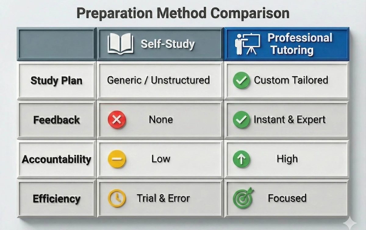 Comparison table showing the advantages of PE exam tutoring (custom plans, instant feedback) versus self-study methods.