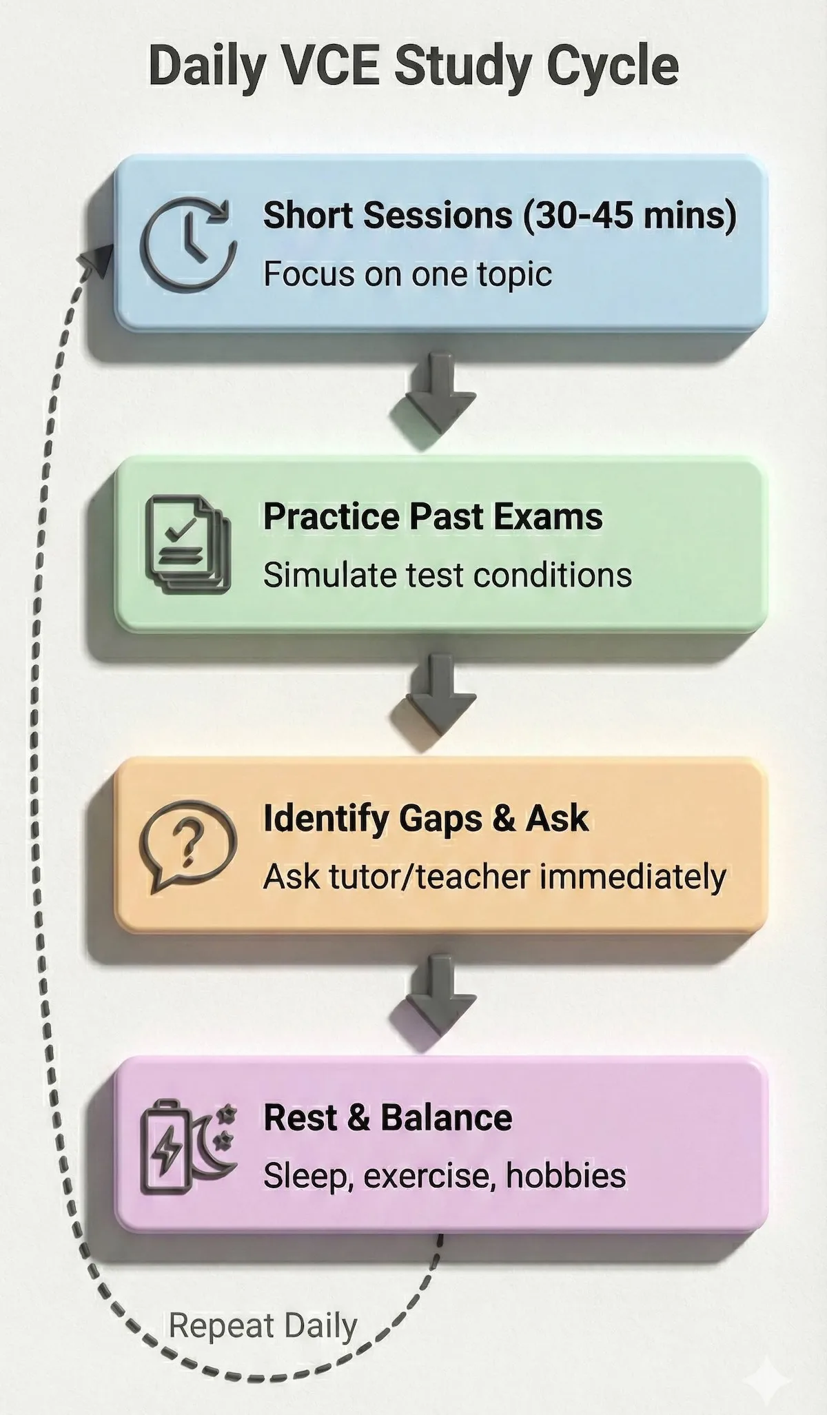 Flowchart showing the ideal VCE daily study routine: 30-45 minute sessions, practicing past exams, asking questions to fill gaps, and maintaining rest and balance.