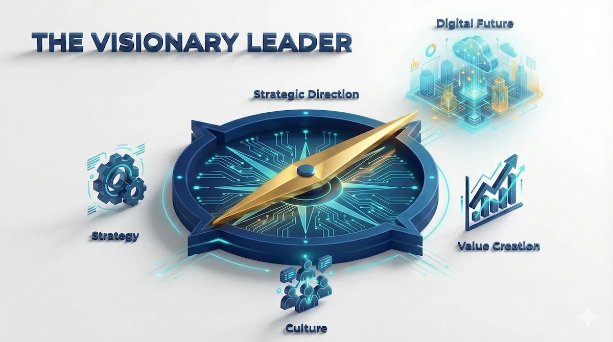 Illustration of a digital compass representing visionary leadership guiding business strategy, culture, and value creation toward a digital future.