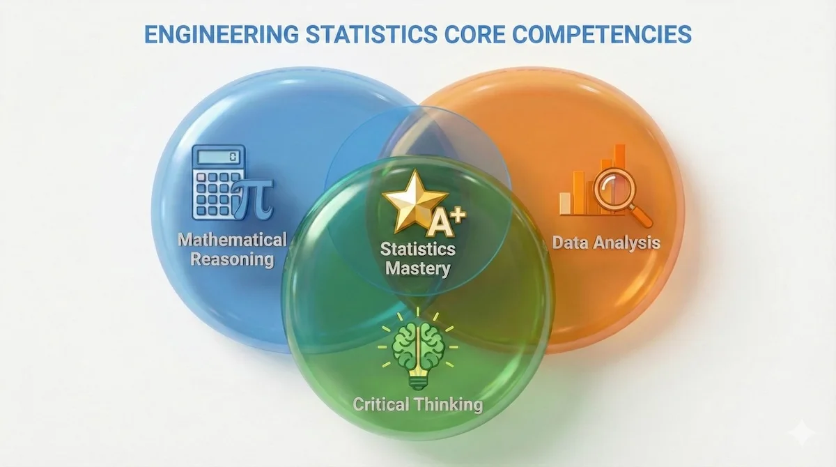 Venn diagram showing statistics mastery requires mathematical reasoning, data analysis, and critical thinking skills.