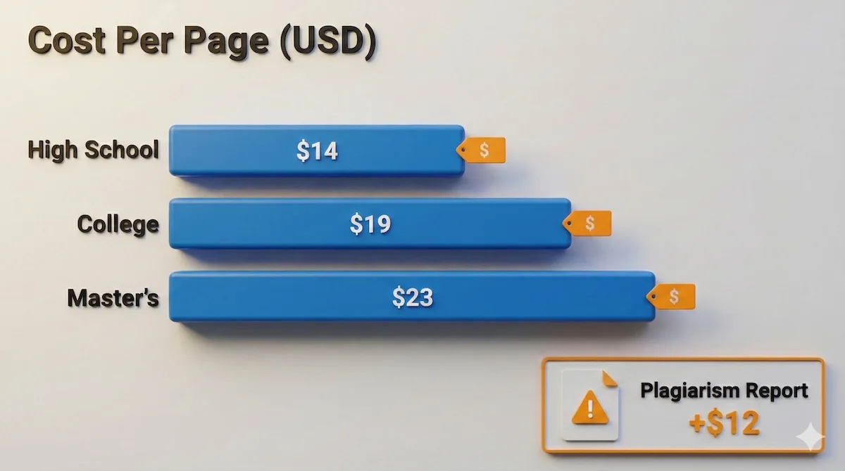 Pricing chart for 5StarEssays: High School ($14), College ($19), and Master's ($23) per page, with plagiarism reports costing an extra $12.