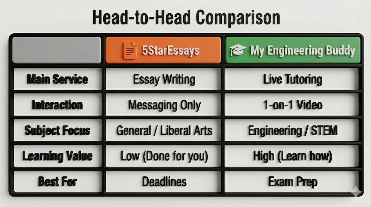 Comparison of 5StarEssays (Writing, General Subjects) vs My Engineering Buddy (Live Tutoring, STEM Focus).