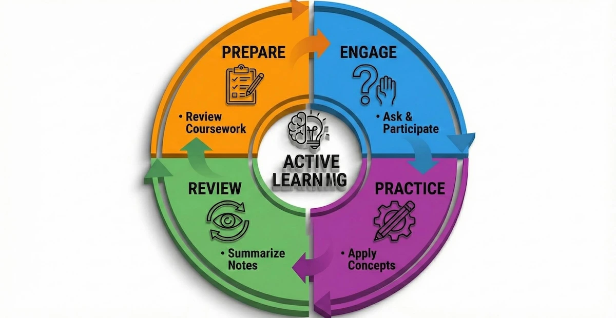 Cycle diagram showing the active learning process: Prepare, Engage, Practice, and Review to maximize tutoring effectiveness.