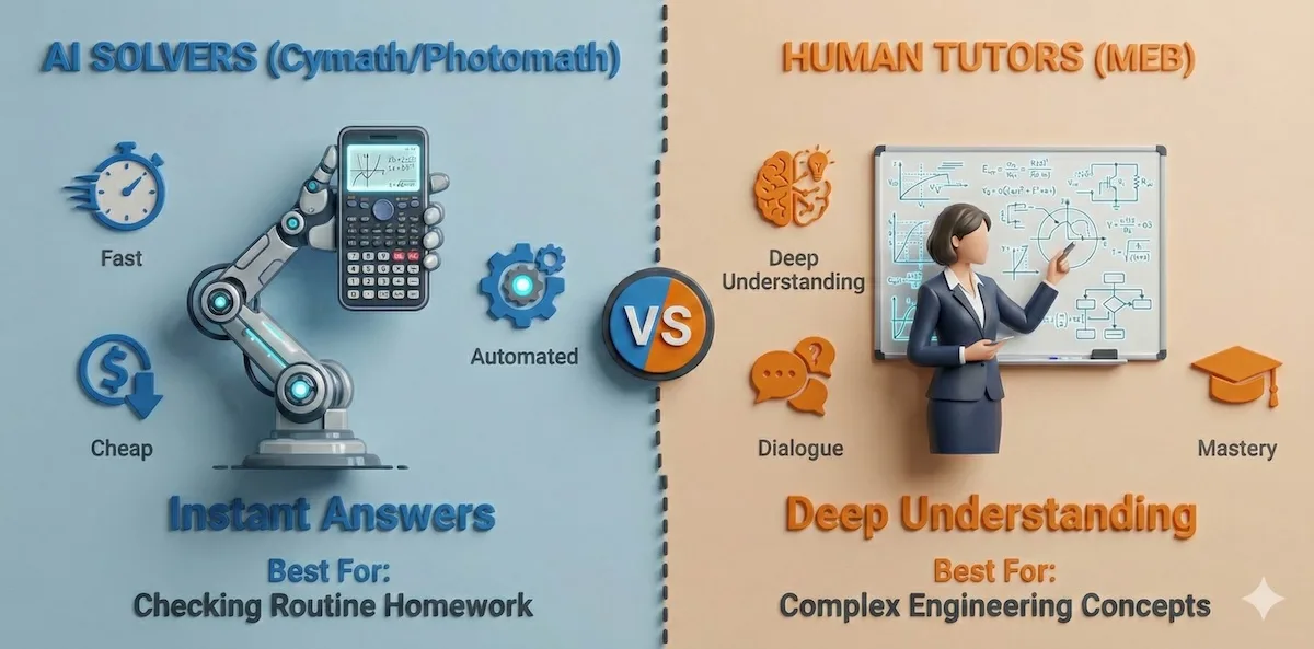 Concept illustration comparing AI Math Solvers (Instant, Automated, Cheap) versus Human Tutors (Deep Understanding, Personalized, Complex Topics).
