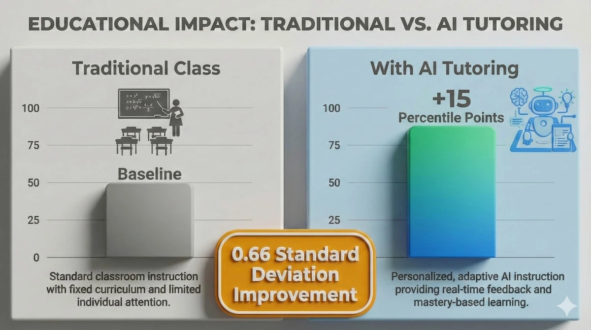 Comparison chart showing students using AI tutoring achieve 15 percentile points higher performance than traditional methods.
