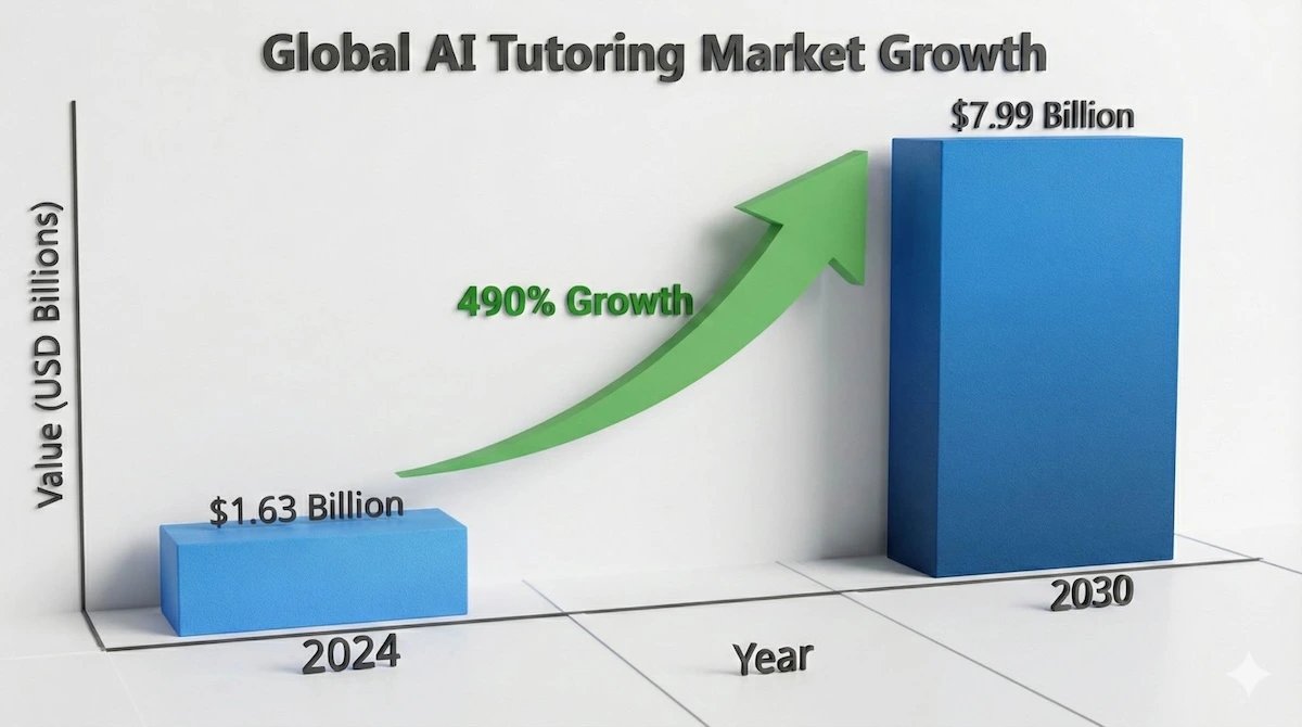 Bar chart showing AI tutoring market growth from $1.63 billion in 2024 to $7.99 billion in 2030.