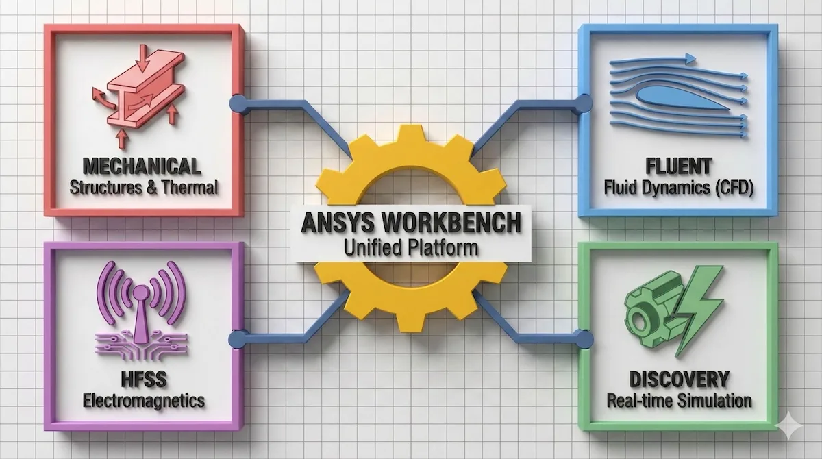 Infographic showing Ansys ecosystem core modules: Mechanical for structures, Fluent for fluids, HFSS for electronics, and Discovery for real-time simulation connected by Workbench.