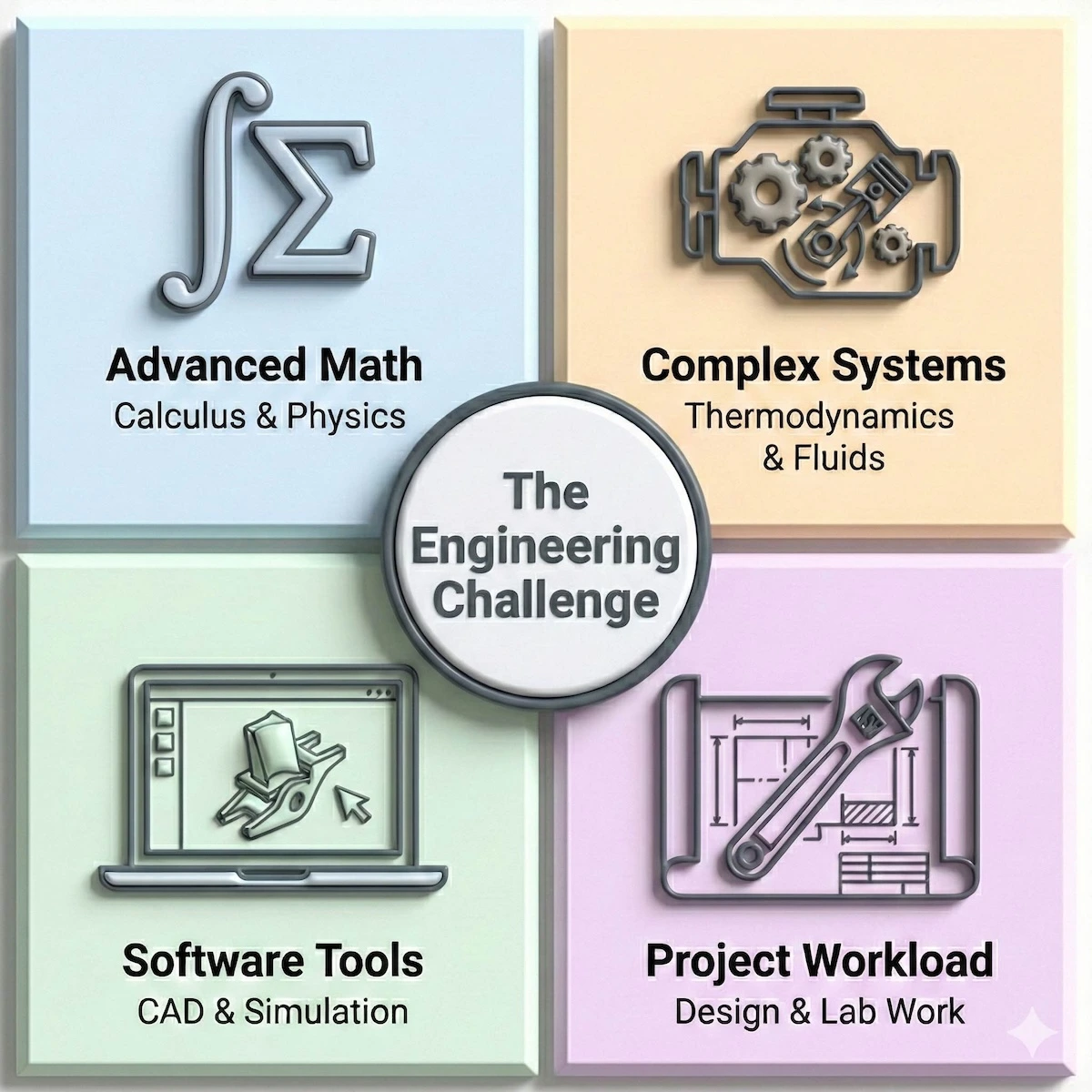 Grid infographic illustrating four challenges in automotive engineering: Advanced Math, Complex Systems, Software Tools, and Project Workload.