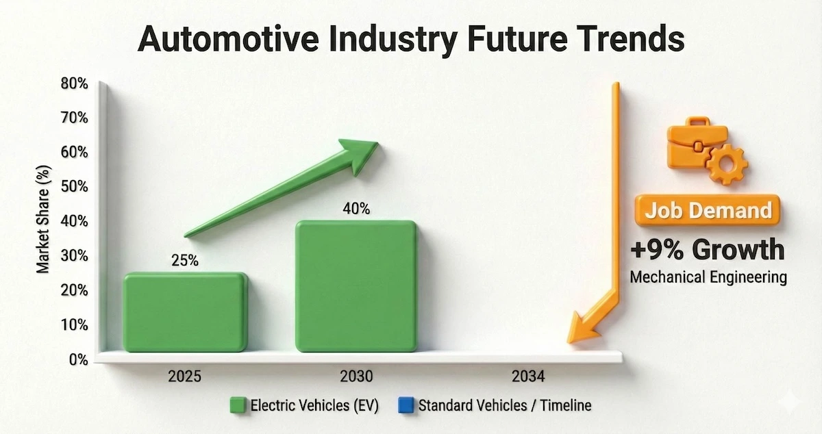 Bar chart showing electric vehicle market share growth from 25% in 2025 to 40% in 2030, plus 9% mechanical engineering job growth.