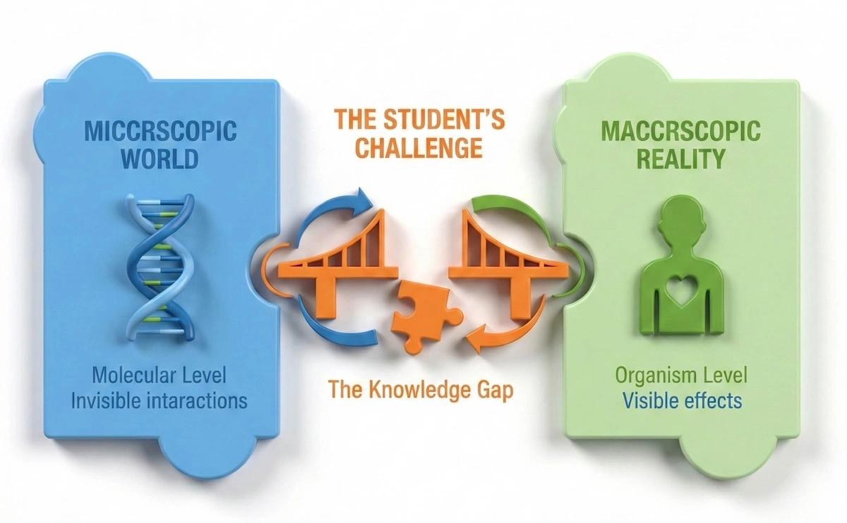 Illustration showing the disconnect between microscopic molecular interactions and macroscopic biological effects, representing the main challenge in learning biochemistry.