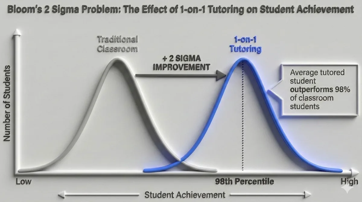 Bell curve graph demonstrating Bloom's 2 Sigma Problem: one-on-one tutoring shifts student achievement 2 standard deviations above traditional classroom learning.