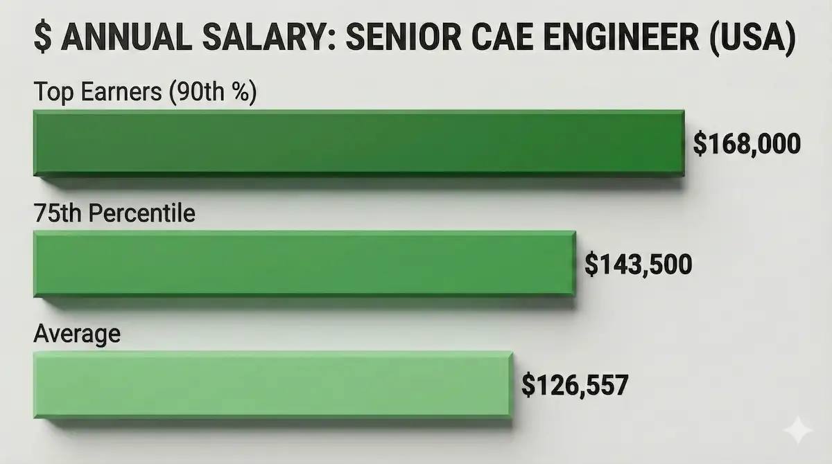 Bar chart showing Senior CAE Engineer salaries in the US: Average $126k, 75th percentile $143k, and top earners reaching $168,000 annually.