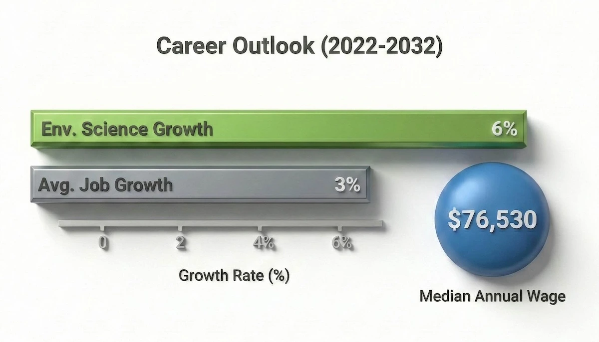 Bar chart showing Environmental Science job growth at 6% versus 3% average, with a median annual wage of $76,530.