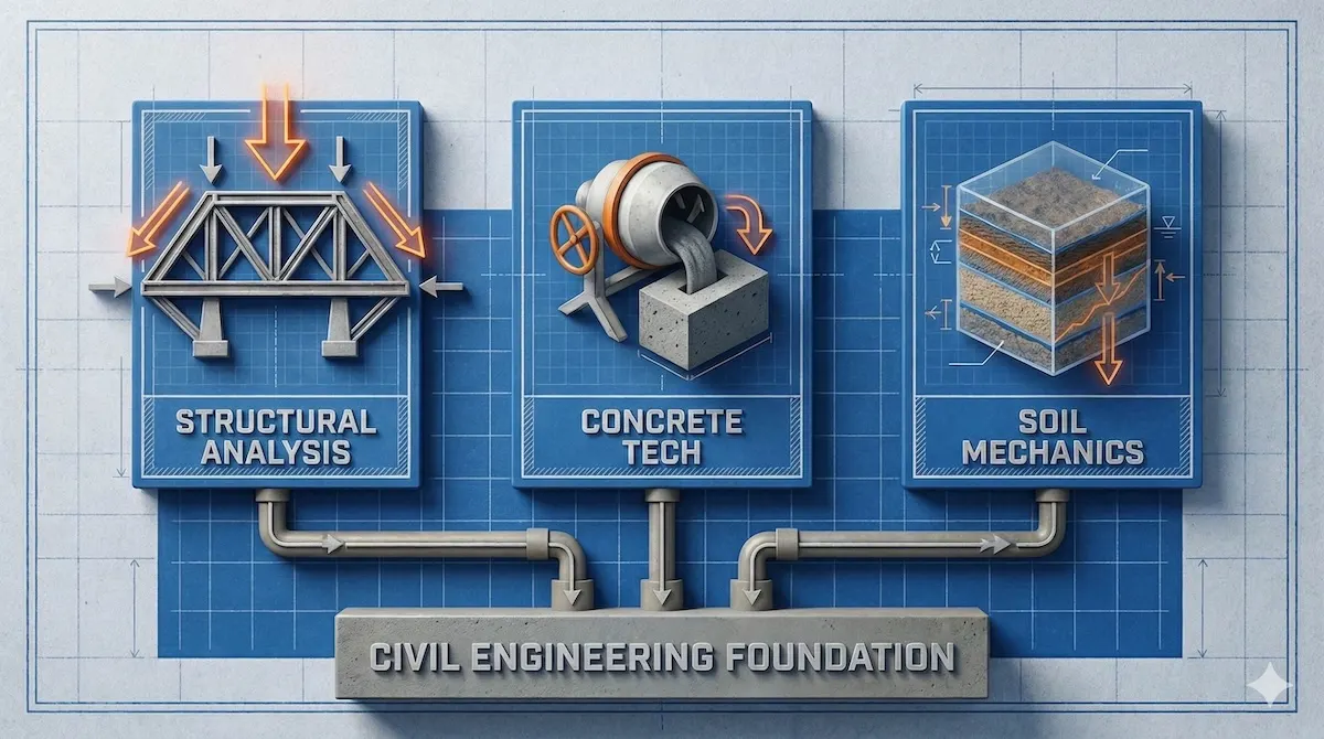 Illustration of core civil engineering subjects: Structural Analysis, Concrete Technology, and Soil Mechanics forming the foundation of the discipline.