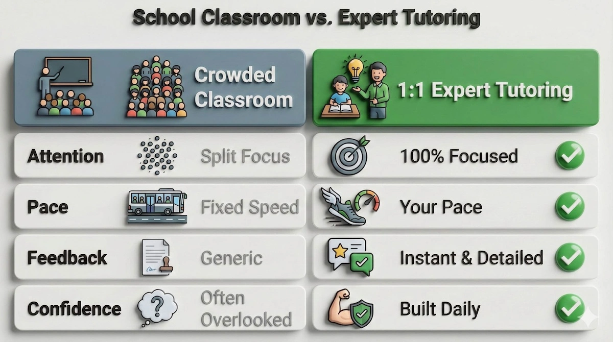Comparison table highlighting the benefits of 1:1 Scottish National 5 tutoring: focused attention, personalized pace, and instant feedback vs classroom settings.