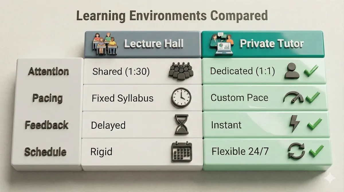Comparison table showing advantages of 1-on-1 informatics tutoring over standard classroom lectures.