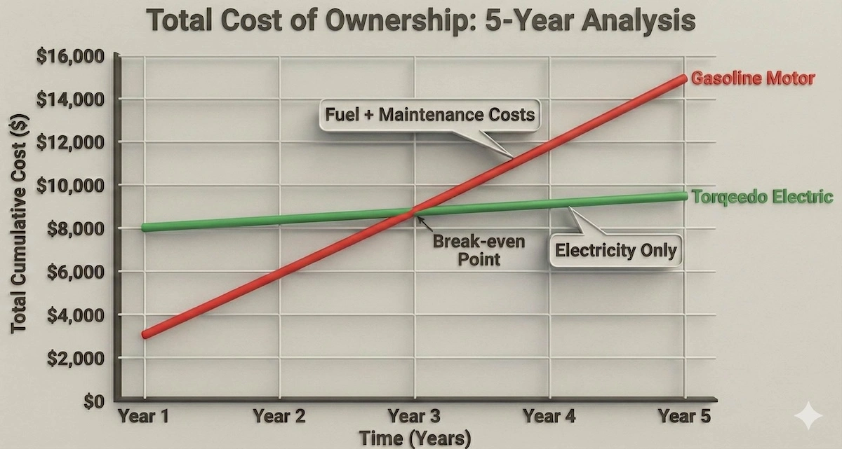 Line graph showing total cost of ownership over 5 years, demonstrating how Torqeedo electric motors become cheaper than gas motors after the break-even point.