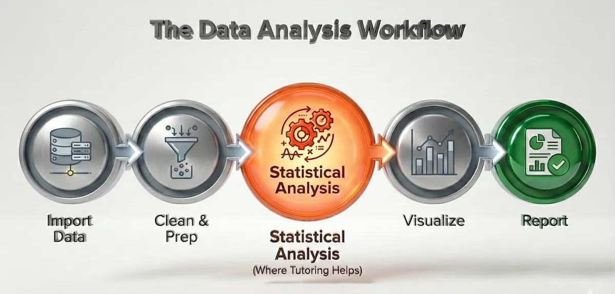 The 5-step data analysis workflow: Import, Clean, Analyze, Visualize, and Report, highlighting analysis as the key challenge.