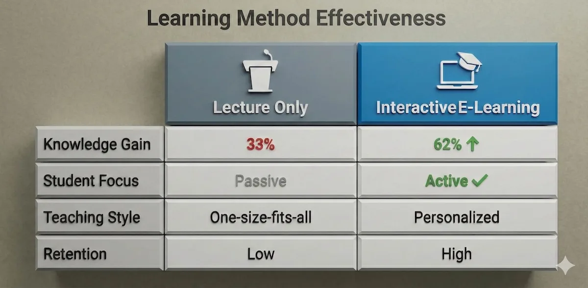 Comparison table showing interactive e-learning results in 62% knowledge gain versus only 33% for traditional lecture methods.