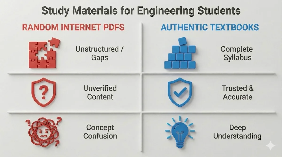 Comparison infographic showing risks of random PDFs (unstructured, unverified) versus benefits of authentic engineering textbooks (complete, trusted, deep understanding).
