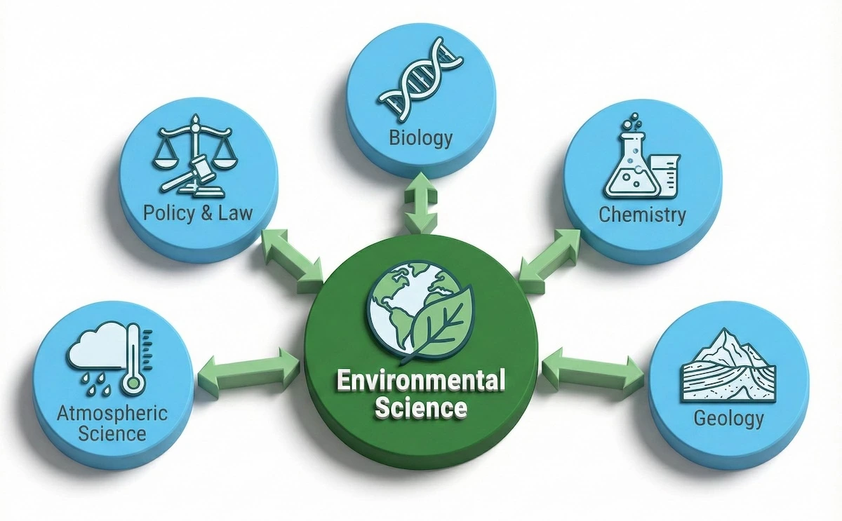 Concept map showing Environmental Science at the intersection of Biology, Chemistry, Geology, Atmospheric Science, and Policy.