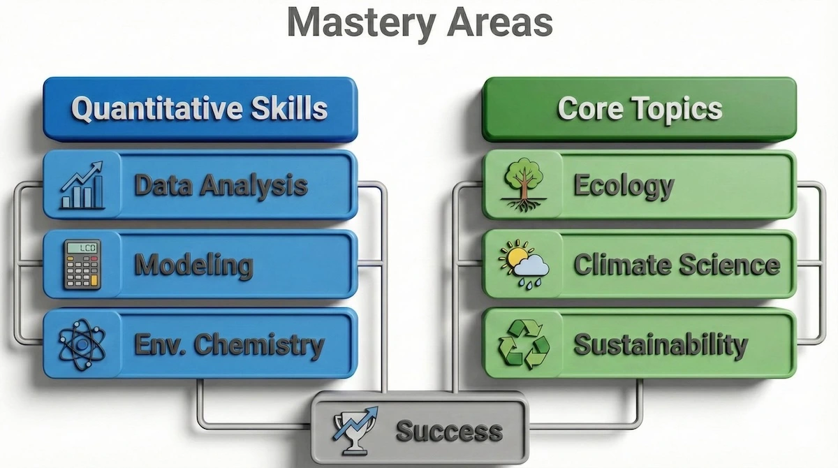 Infographic categorizing Environmental Science skills into Quantitative Skills like data analysis and Core Topics like ecology and climate.