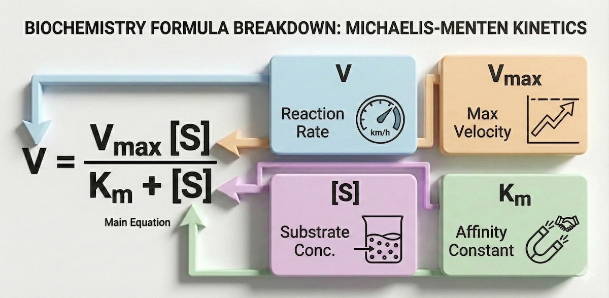 Michaelis-Menten equation breakdown showing the relationship between reaction rate (V), maximum velocity (Vmax), substrate concentration ([S]), and the affinity constant (Km).