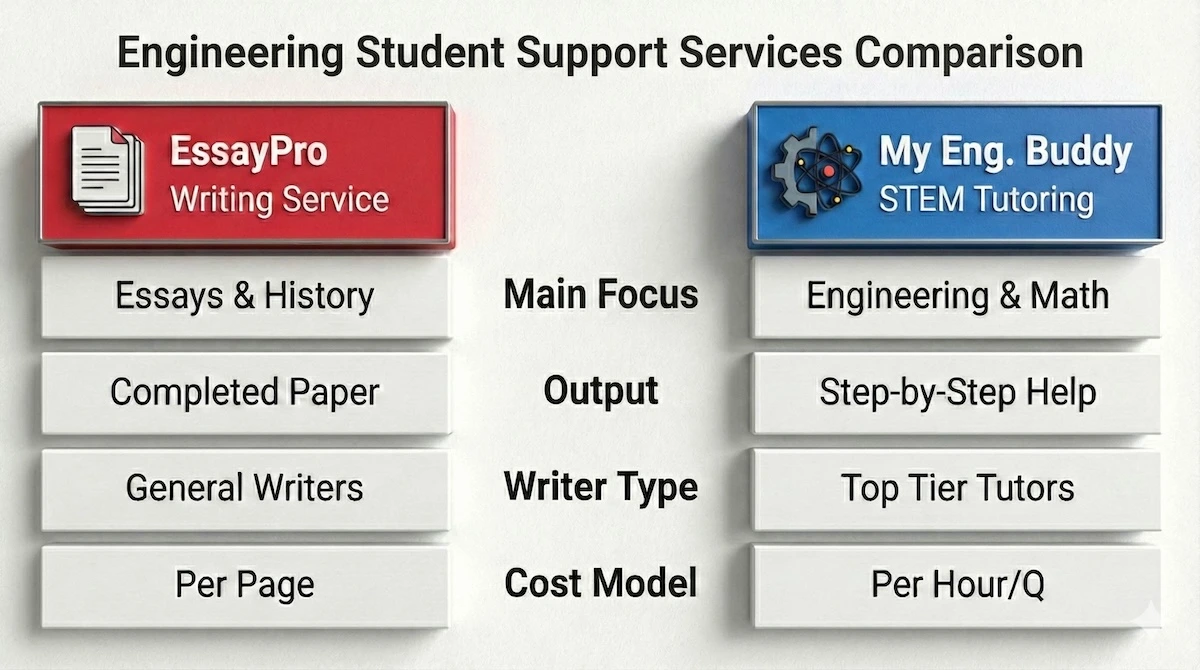 Comparison table: EssayPro focuses on essays and completed papers per page, while My Engineering Buddy specializes in STEM tutoring and step-by-step help per hour.