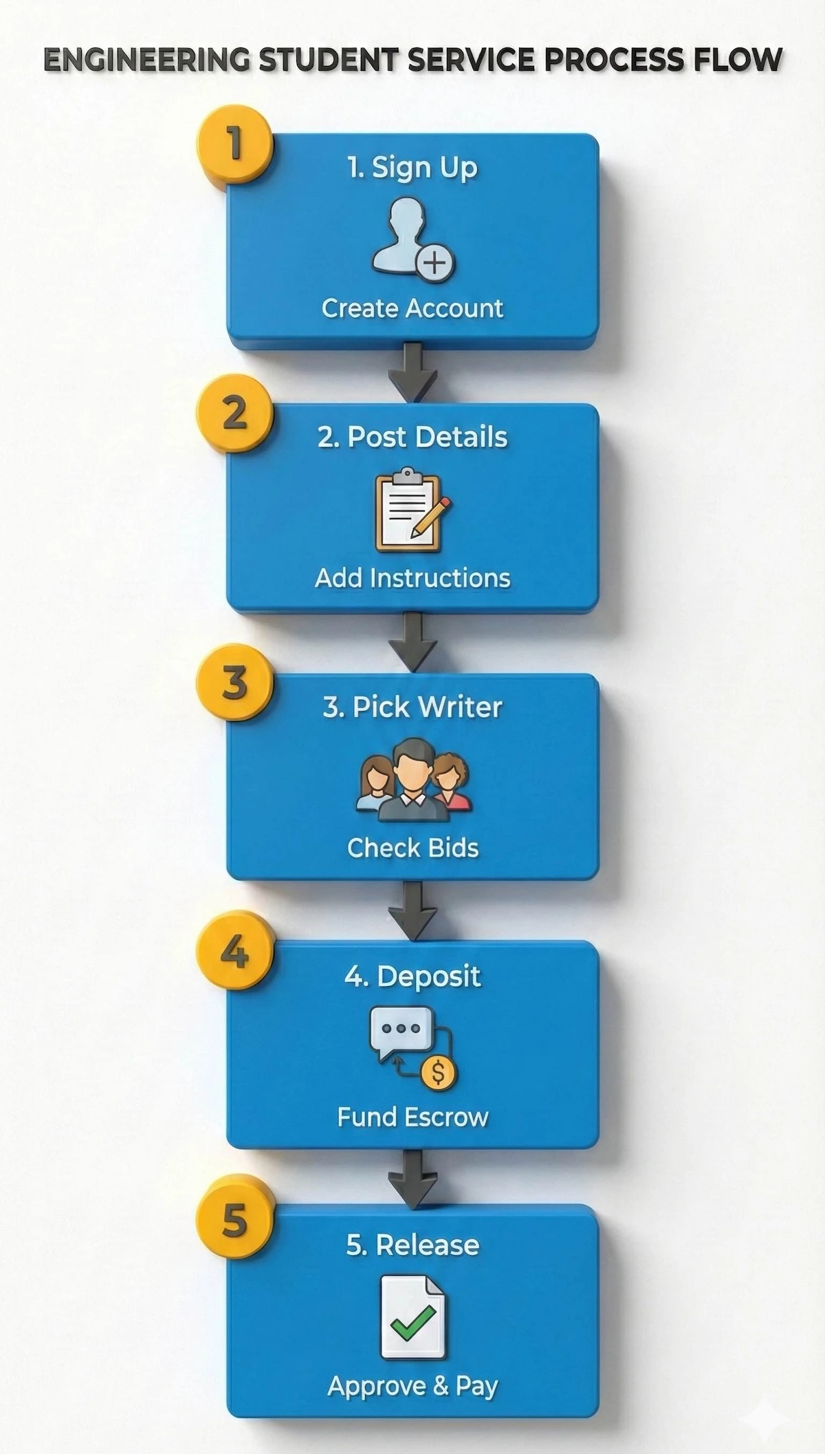 Flowchart of EssayPro ordering process: 1. Sign Up, 2. Post Details, 3. Pick Writer, 4. Deposit Funds, 5. Release Payment upon approval.