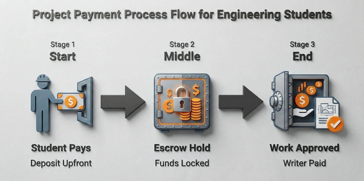 Diagram explaining EssayPro escrow payment model: Student deposits funds, money is held in escrow, and released to writer only after paper approval.