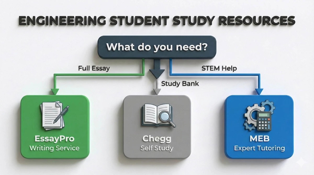 Decision tree guide: Choose EssayPro for essay writing services, My Engineering Buddy (MEB) for STEM tutoring, or Chegg for study bank access.