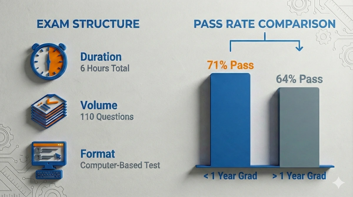 Infographic showing FE Exam structure: 6 hours, 110 questions, and pass rates comparing 71% for recent grads versus 64% for those waiting longer.