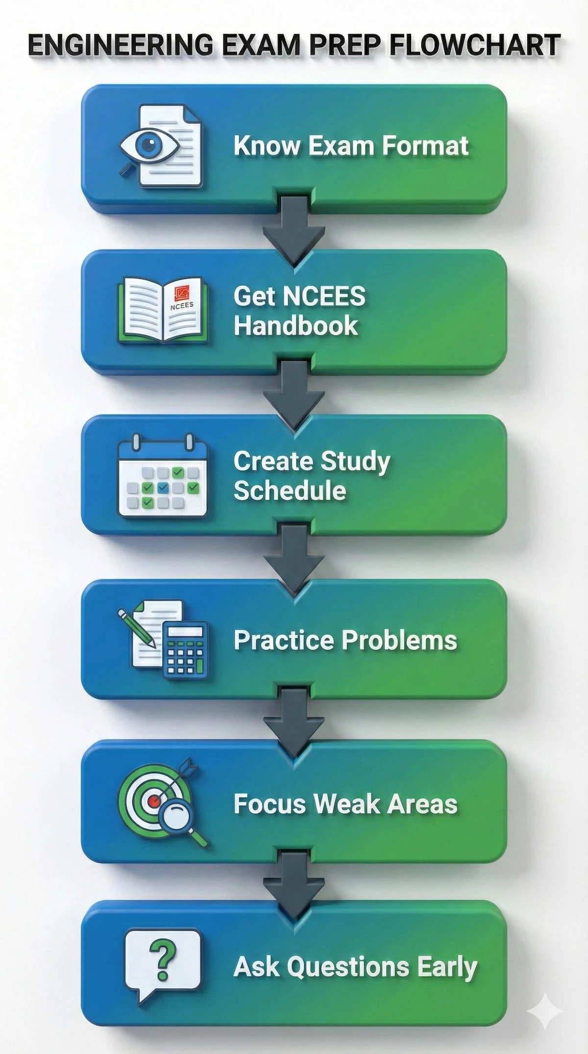 Vertical flowchart showing 6 steps for FE exam success: Know format, Get Handbook, Create Schedule, Practice Problems, Focus Weak Areas, and Ask Questions.