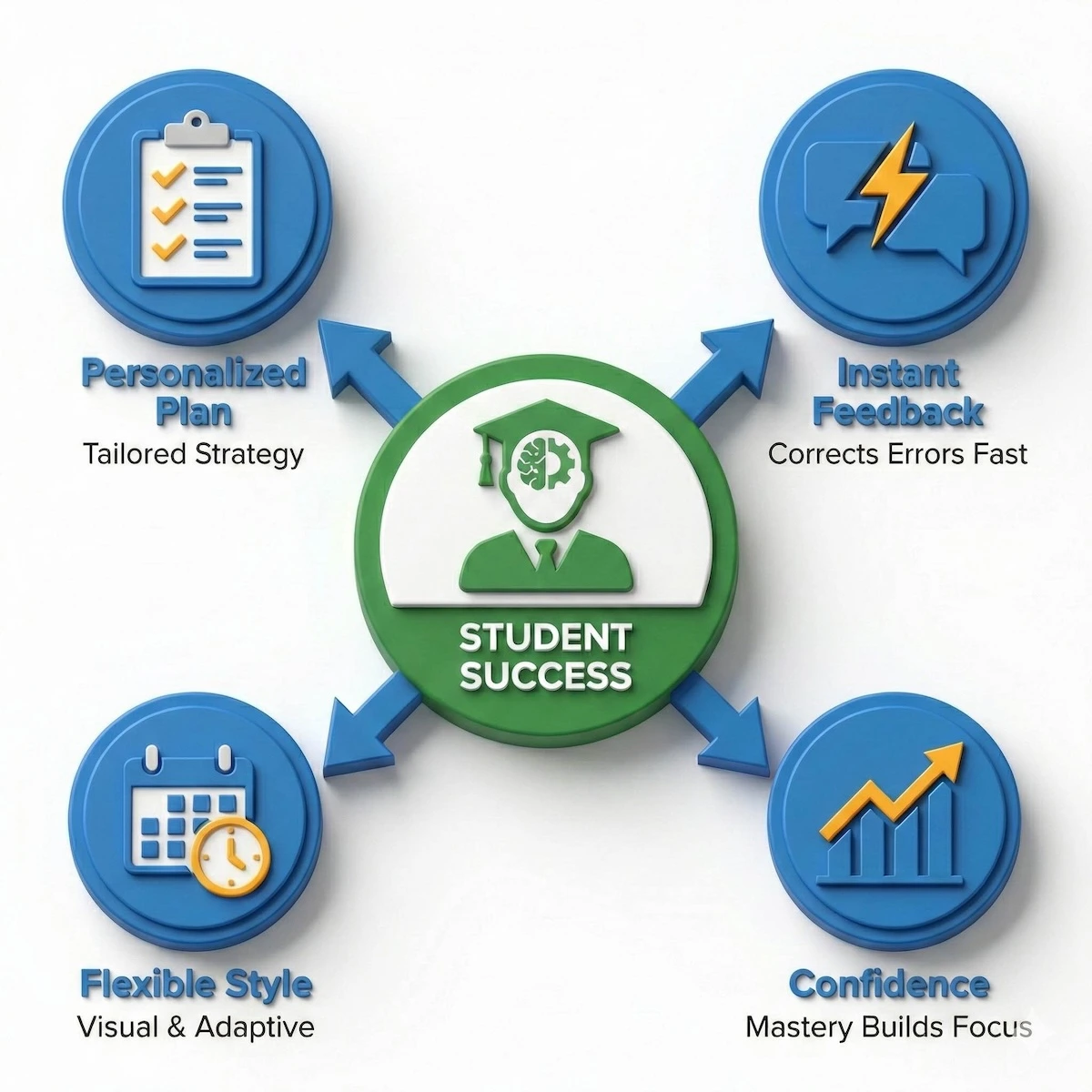Concept map illustrating benefits of FE tutoring: personalized study plans, instant feedback on problems, flexible learning styles, and confidence building.