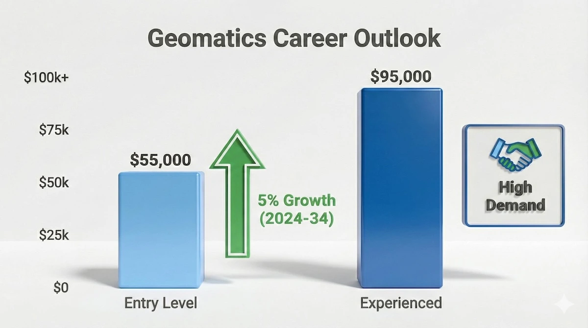 Bar chart showing Geomatics career outlook with entry-level salaries around $55k and projected 5% job growth through 2034.