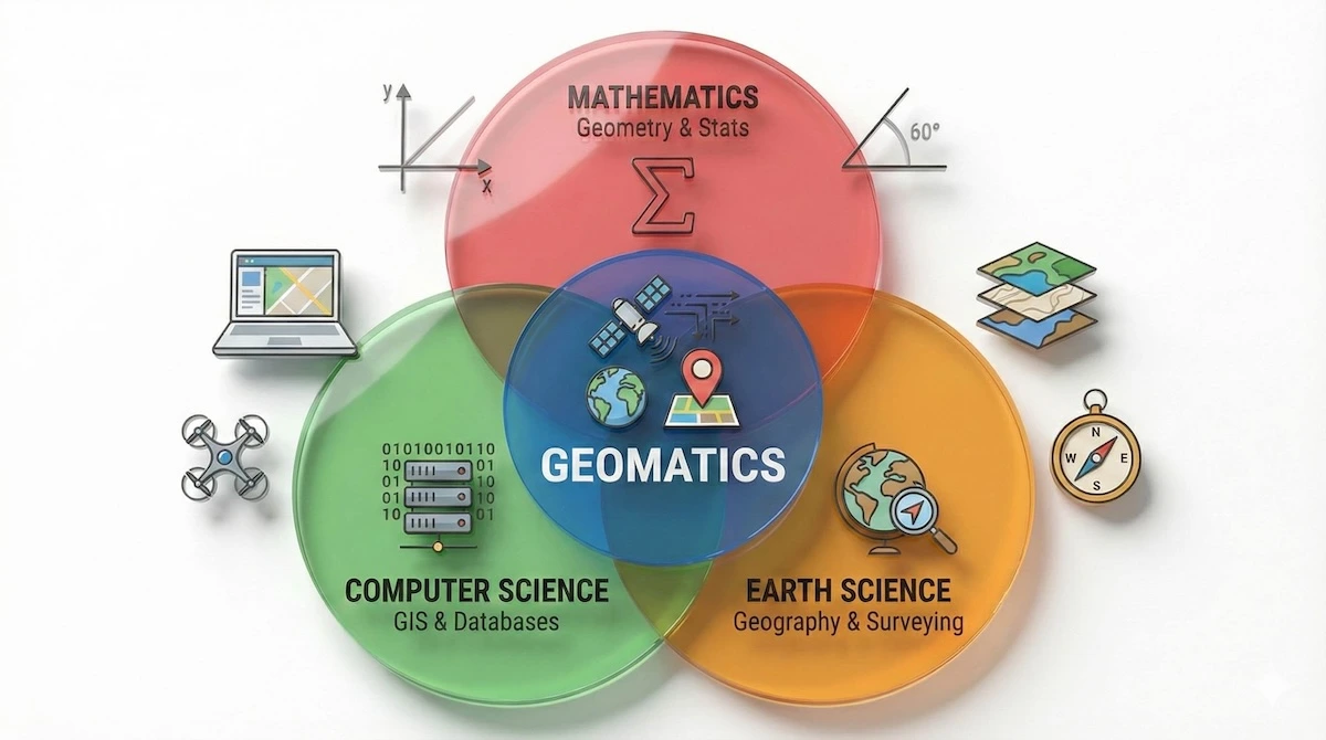 Venn diagram illustrating Geomatics as the intersection of Mathematics, Computer Science, and Earth Science, including GIS and Surveying components.
