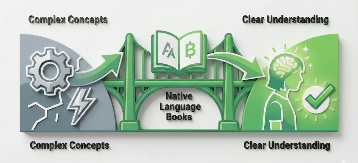Concept illustration showing how native language engineering textbooks act as a bridge to understand complex mechanical and electrical concepts.