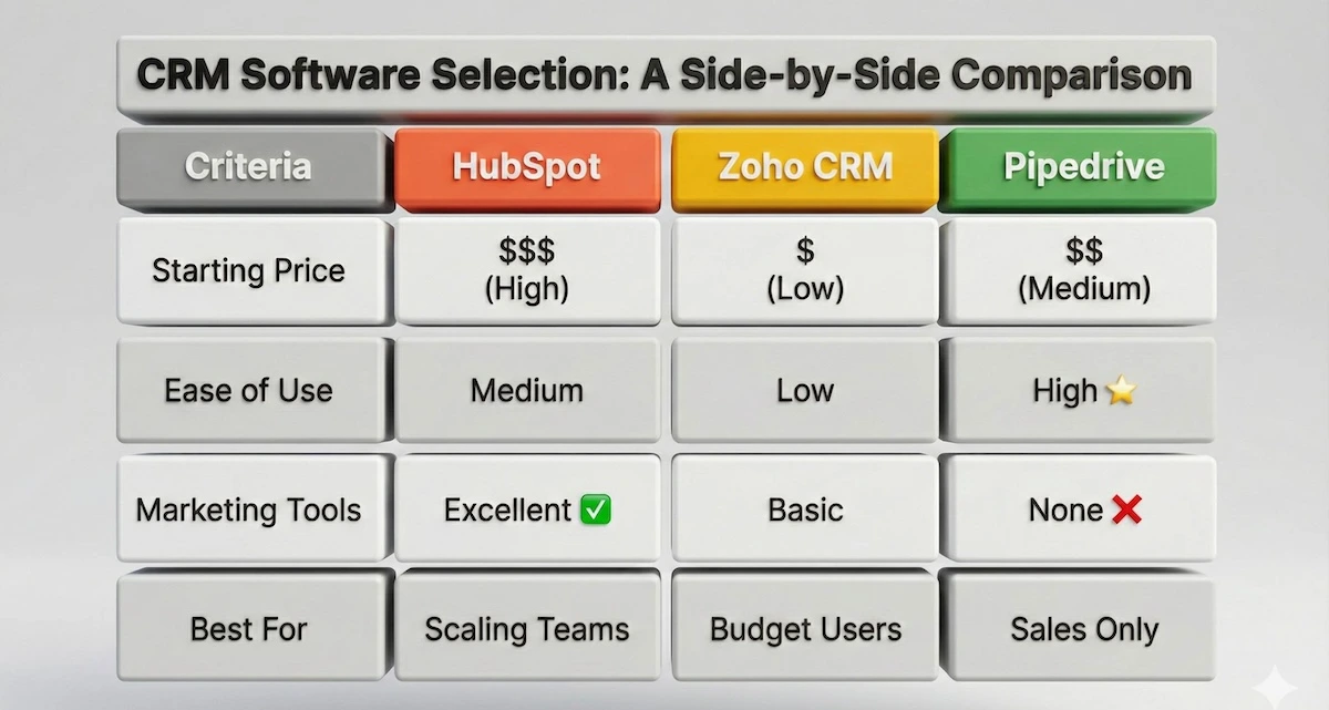 Comparison table showing HubSpot vs Zoho CRM vs Pipedrive features, pricing, and ease of use for small businesses.