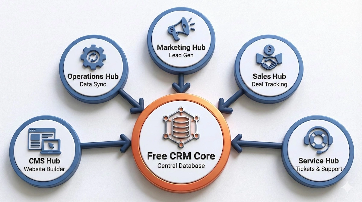 Concept map showing the HubSpot ecosystem with the Free CRM core connected to Marketing, Sales, Service, CMS, and Operations hubs.