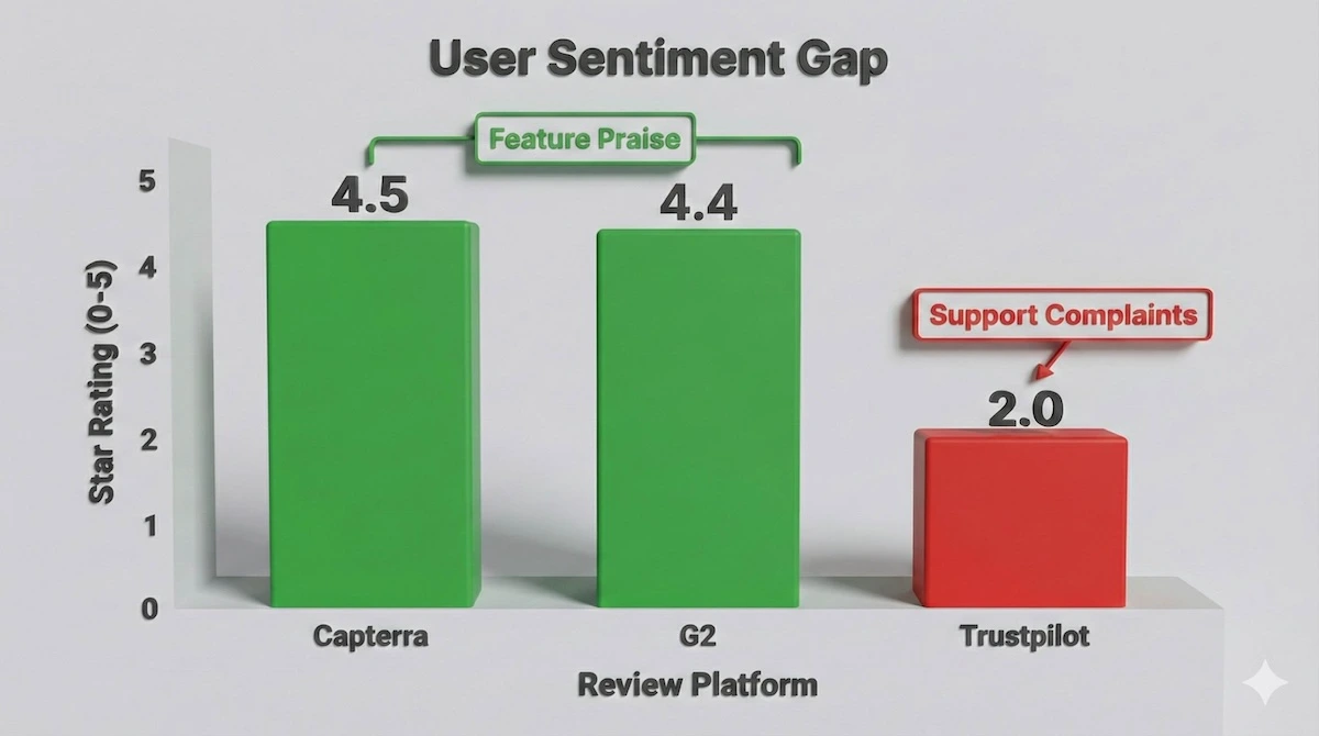 Bar chart comparing HubSpot review scores: high ratings on G2 and Capterra vs low ratings on Trustpilot due to support issues.