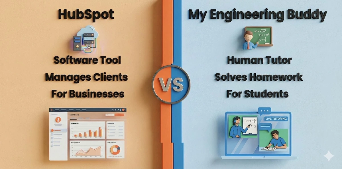 Comparison showing HubSpot is business software while My Engineering Buddy is a live tutoring service for students.