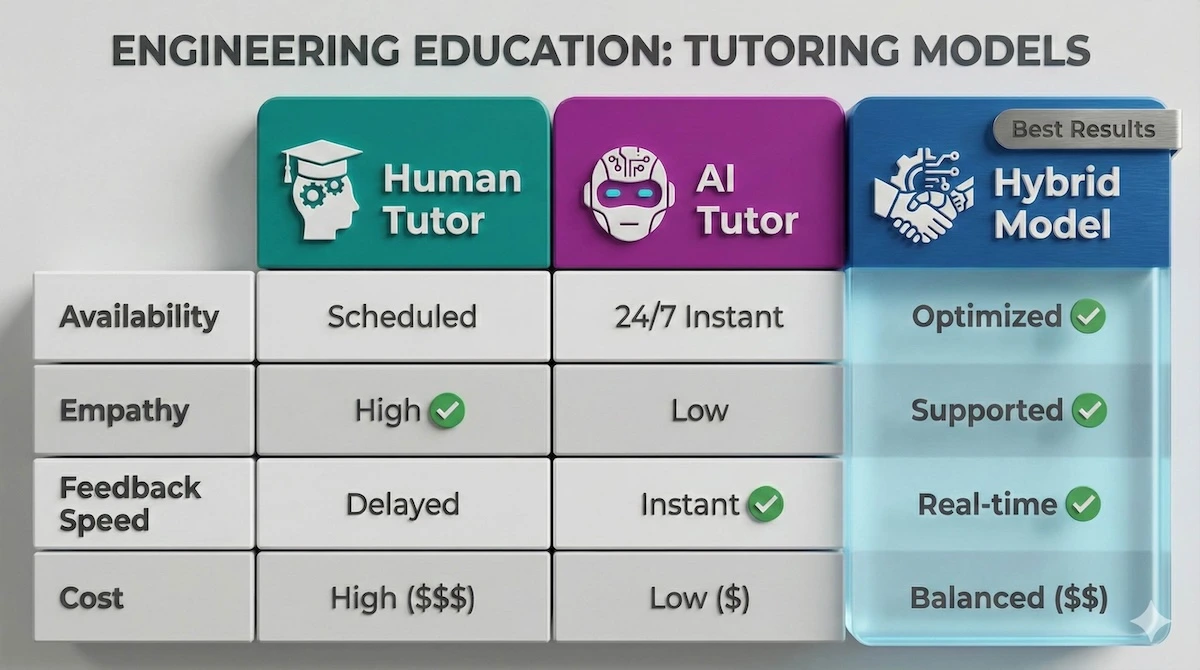 Comparison table showing Human Tutors provide empathy, AI Tutors provide 24/7 access, and the Hybrid Model combines both for best results.