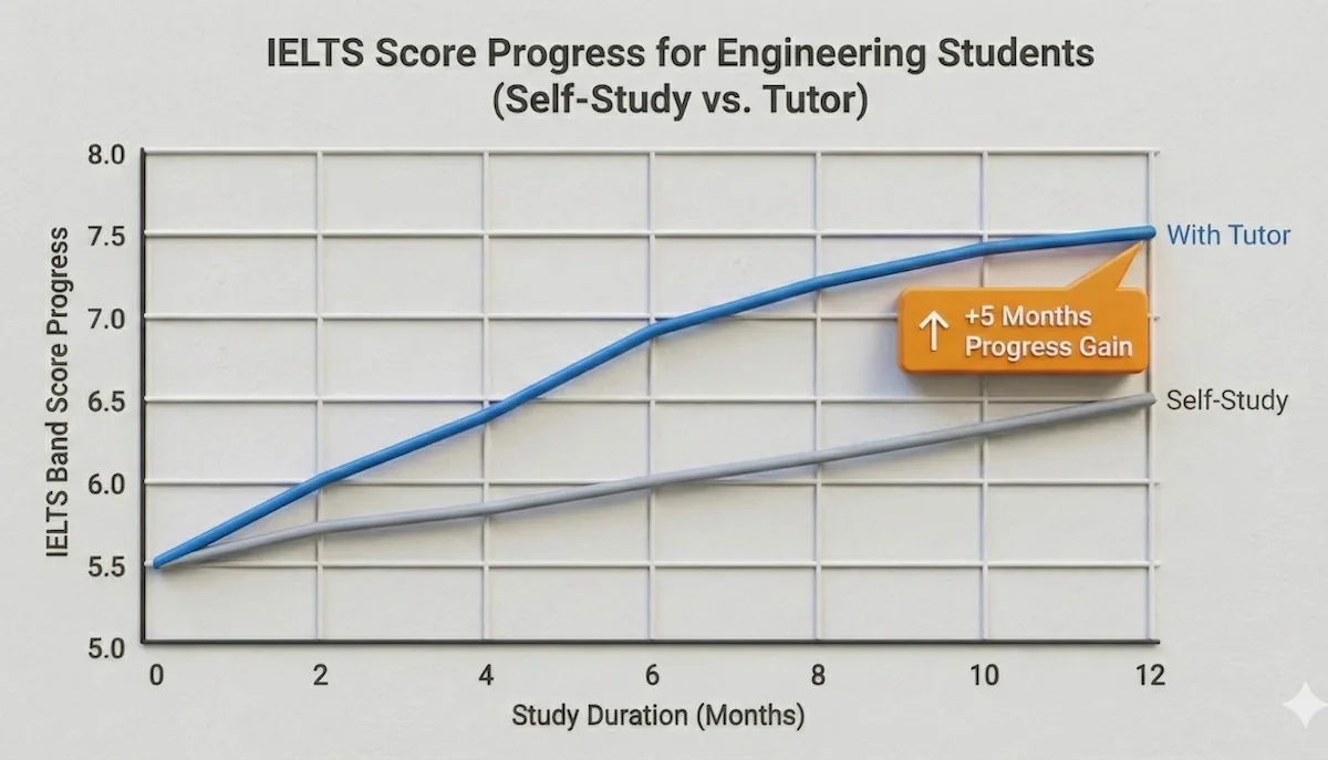 Line graph comparing IELTS band score progress over 12 months, showing that tutoring results in 5 months of extra academic progress compared to self-study.