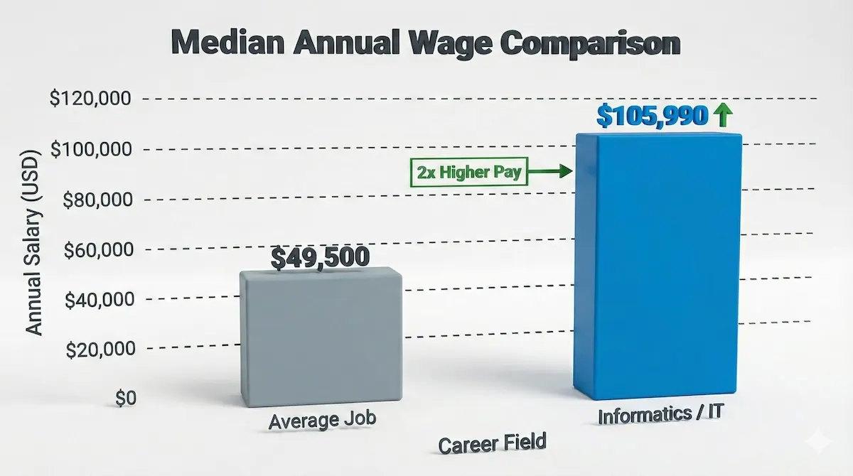 Bar chart showing Informatics median salary ($105,990) is double the national average ($49,500).
