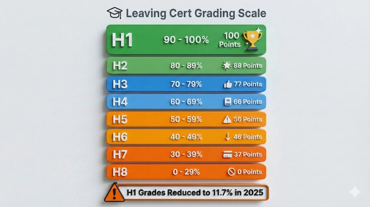 Irish Leaving Certificate grading scale chart showing H1 to H8 grades with corresponding percentage ranges and CAO points values.