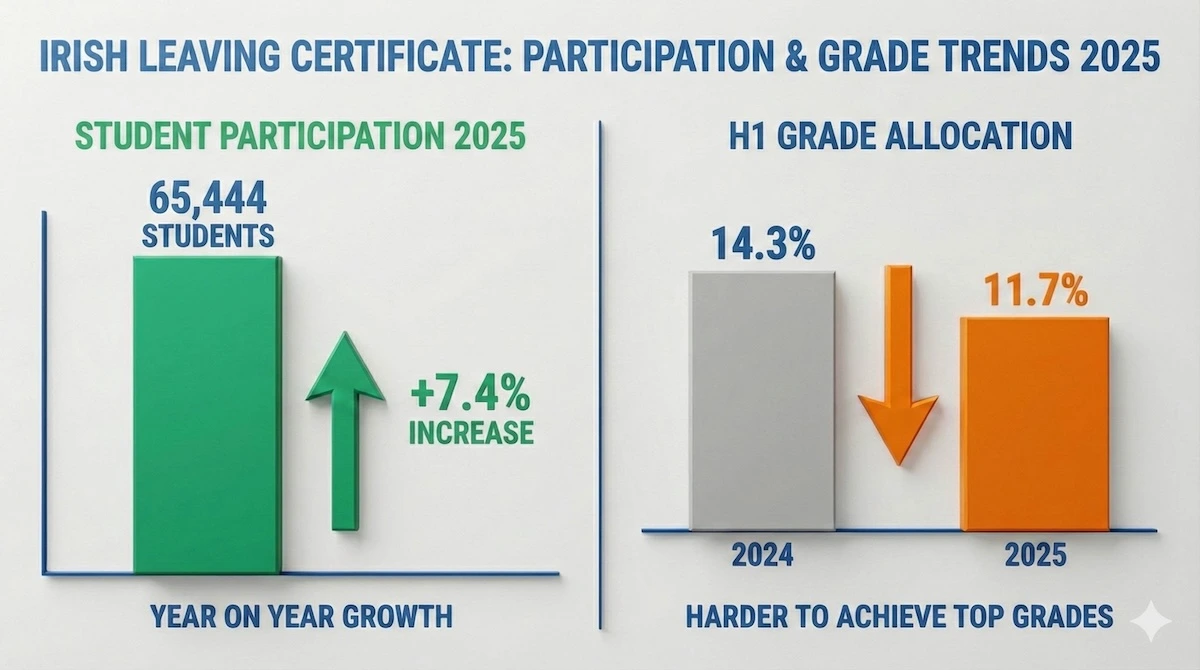 Graph showing 7.4% increase in Irish Leaving Cert students in 2025 and drop in H1 grades to 11.7%, highlighting increased competition.