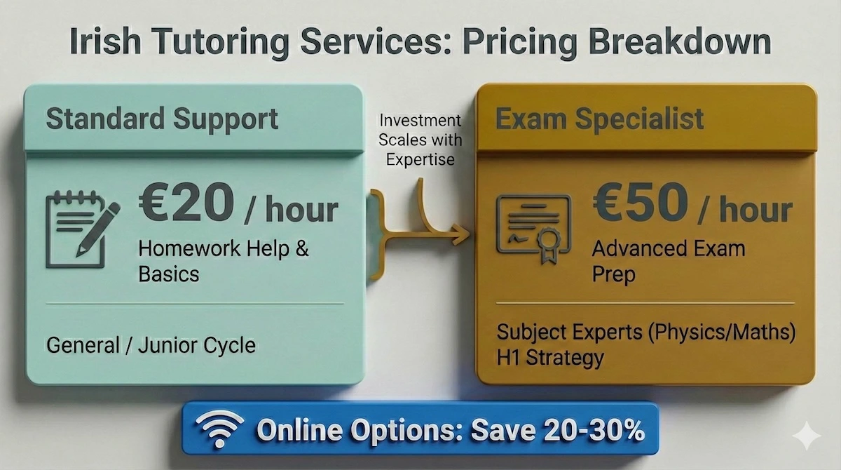 Cost guide for Irish tutors showing average rates of €20/hour for standard help versus €50/hour for specialized Leaving Certificate exam preparation.