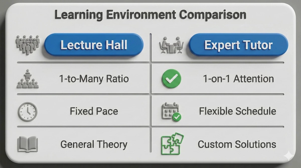 Comparison table contrasting traditional lectures vs personalized tutoring: generic pace vs adapted speed, passive listening vs active mastery.